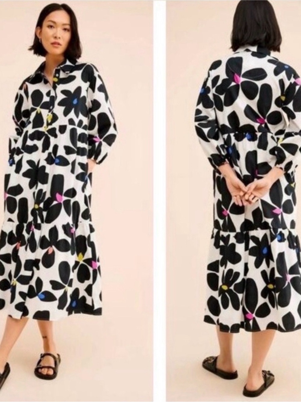Anthropologie Maeve Bettina Black & White Floral Tiered Shirt Dress